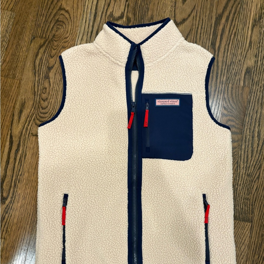 Vineyard Vines Cream and Navy Fleece Vest with Red Trim